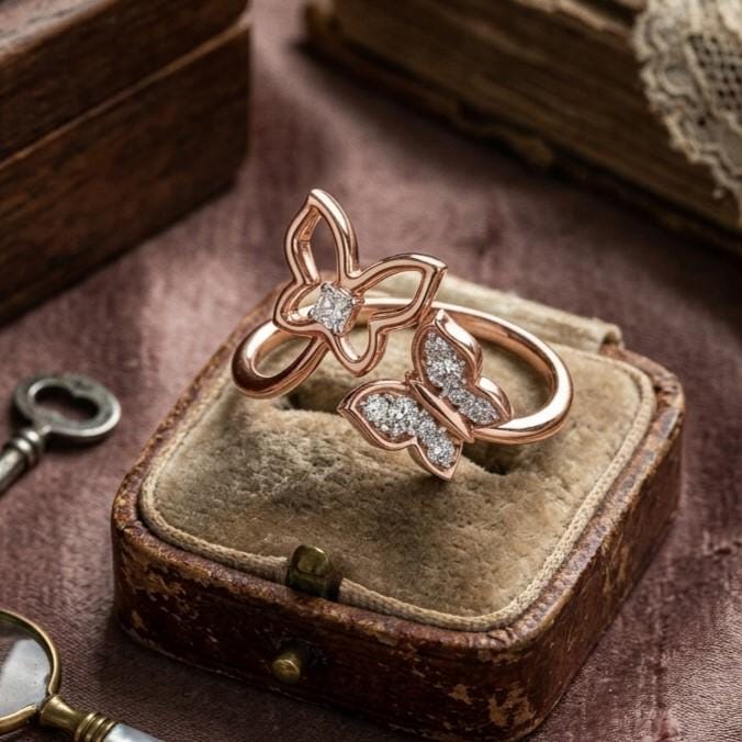 Riora moissanite butterfly ring with rose gold band, adjustable, minimalist nature-inspired jewelry featuring a delicate butterfly design.