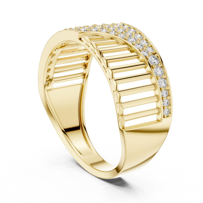 Riora curved CZ wide band ring in gold and silver with modern design, perfect for wedding, promise, or anniversary jewelry.