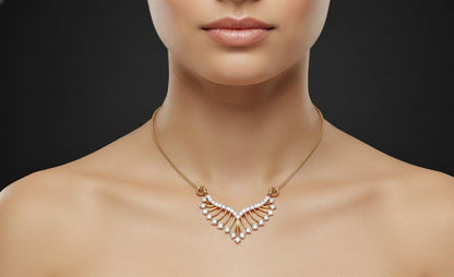 Gold necklace on a model against a black background
