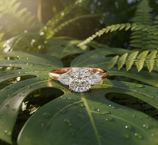 Elegant CZ engagement ring by Riora featuring a gold rose and silver band, hypoallergenic and nickel-free bridal promise ring.
