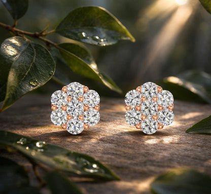 Riora moissanite diamond cluster stud earrings in gold and rose gold, dainty minimalist bridal jewelry for everyday elegance