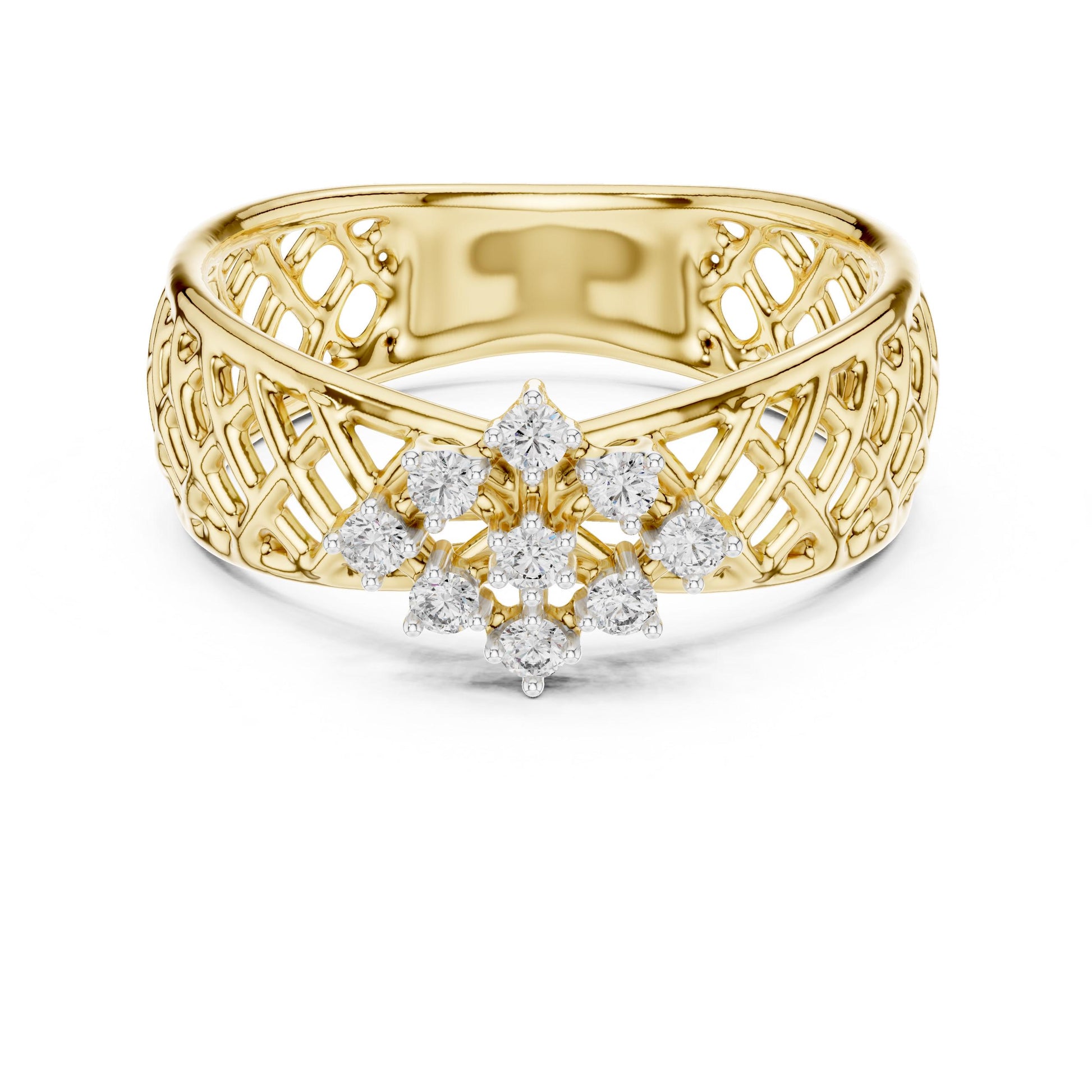 Vintage moissanite cluster engagement ring with floral design and lattice band in rose gold and silver by Riora.