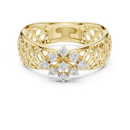 Vintage moissanite cluster engagement ring with floral design and lattice band in rose gold and silver by Riora.