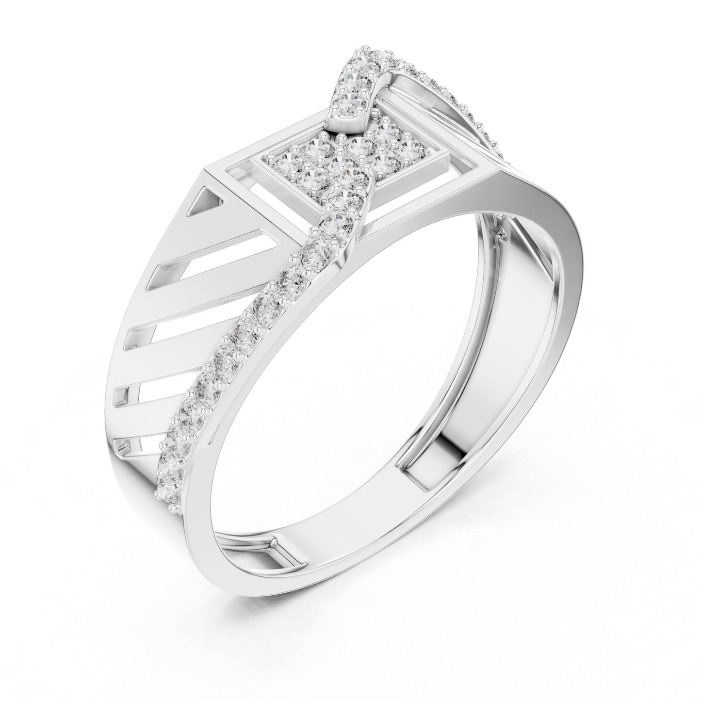 Riora Geometric Wave CZ wide band ring in gold and silver, showcasing a modern jewelry design suitable for anniversary or Valentine gift.