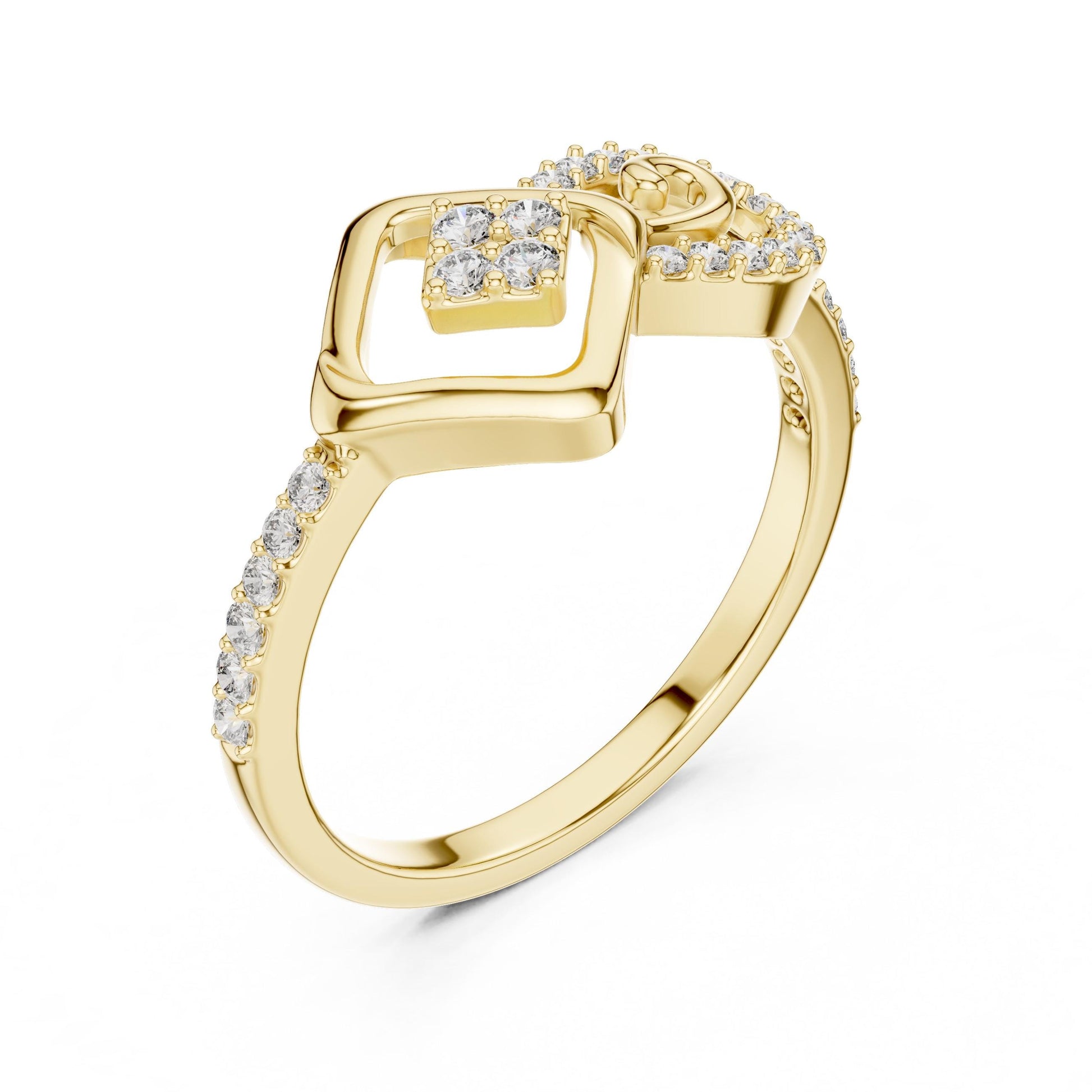 Rose gold geometric swirl moissanite diamond ring by Riora, featuring a modern minimalist design for engagement or promise.