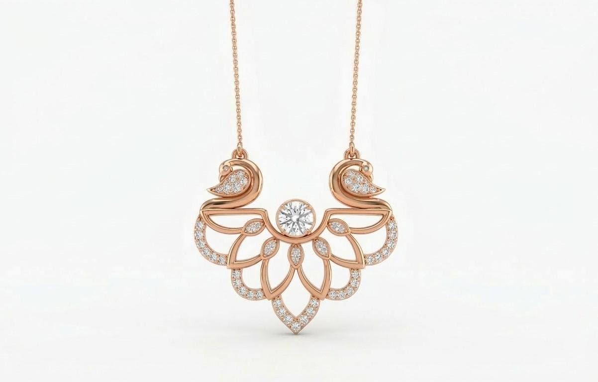 Elegant swan-shaped moissanite necklace in rose gold and silver, luxury bridal pendant with romantic jewelry design.