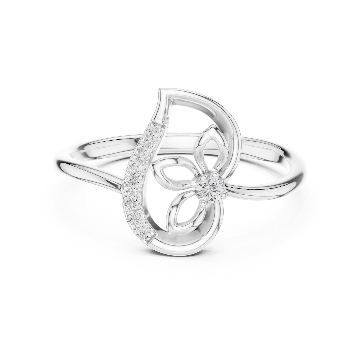 Riora moissanite floral ring with butterfly design in rose gold, delicate nature-inspired engagement and women's jewelry piece