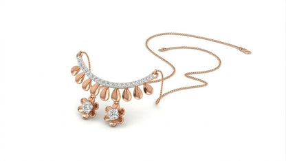 Riora moissanite floral necklace with rose gold and silver finish, featuring a dainty flower pendant for bridal or special occasions.