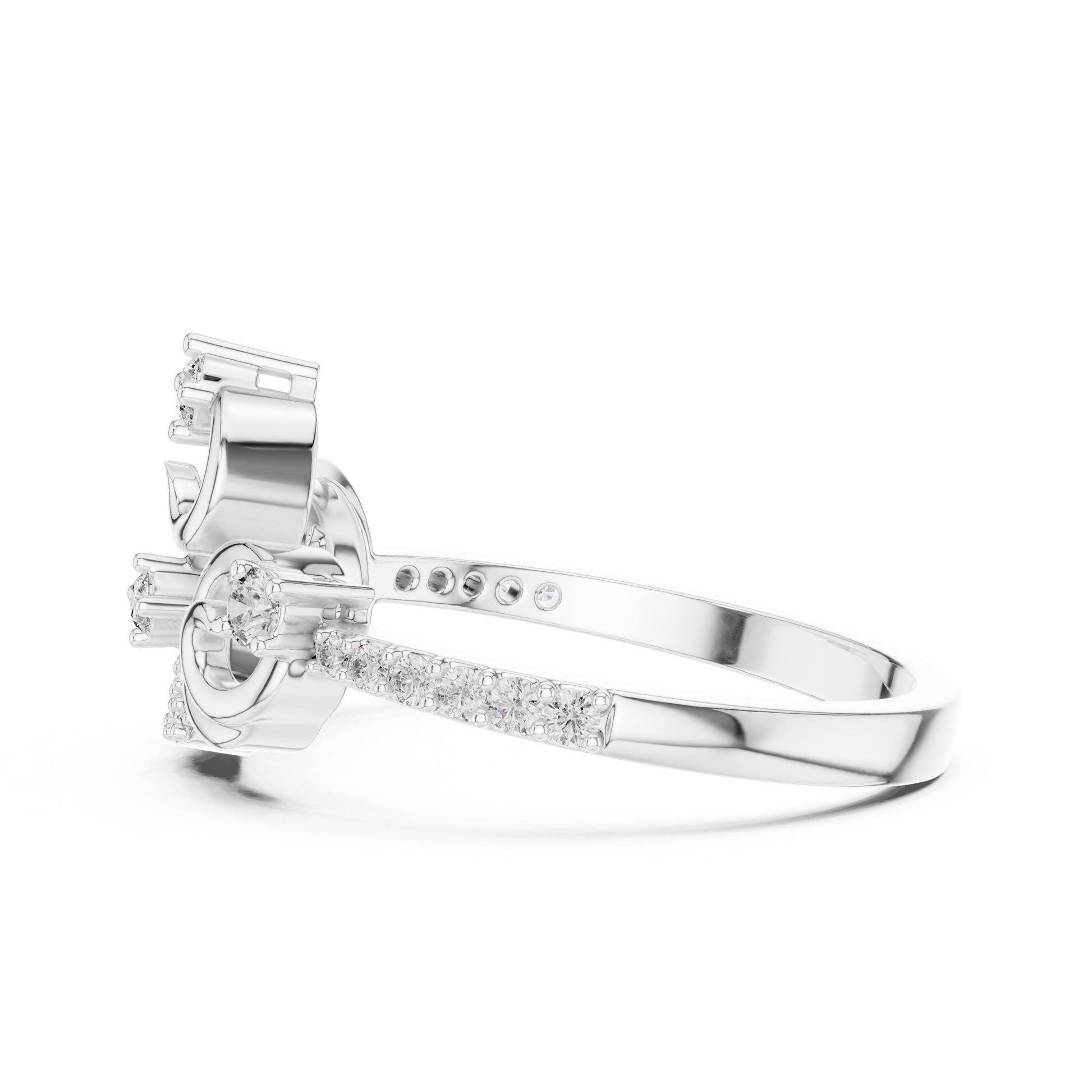 Rose gold swirl moissanite diamond ring for women, featuring an elegant twisted band and promise style jewelry by Riora.