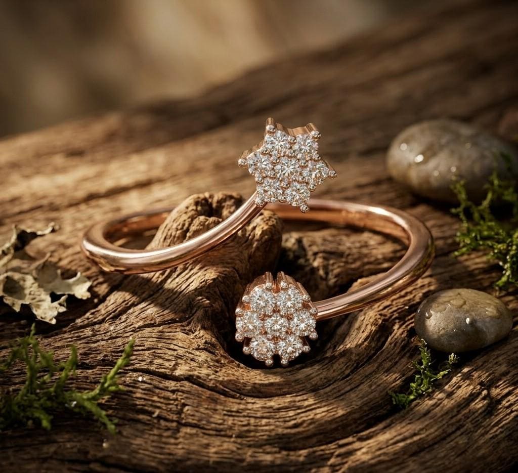 Riora gold rose gold moissanite open bypass ring with double cluster floral halo design and diamond style accents.