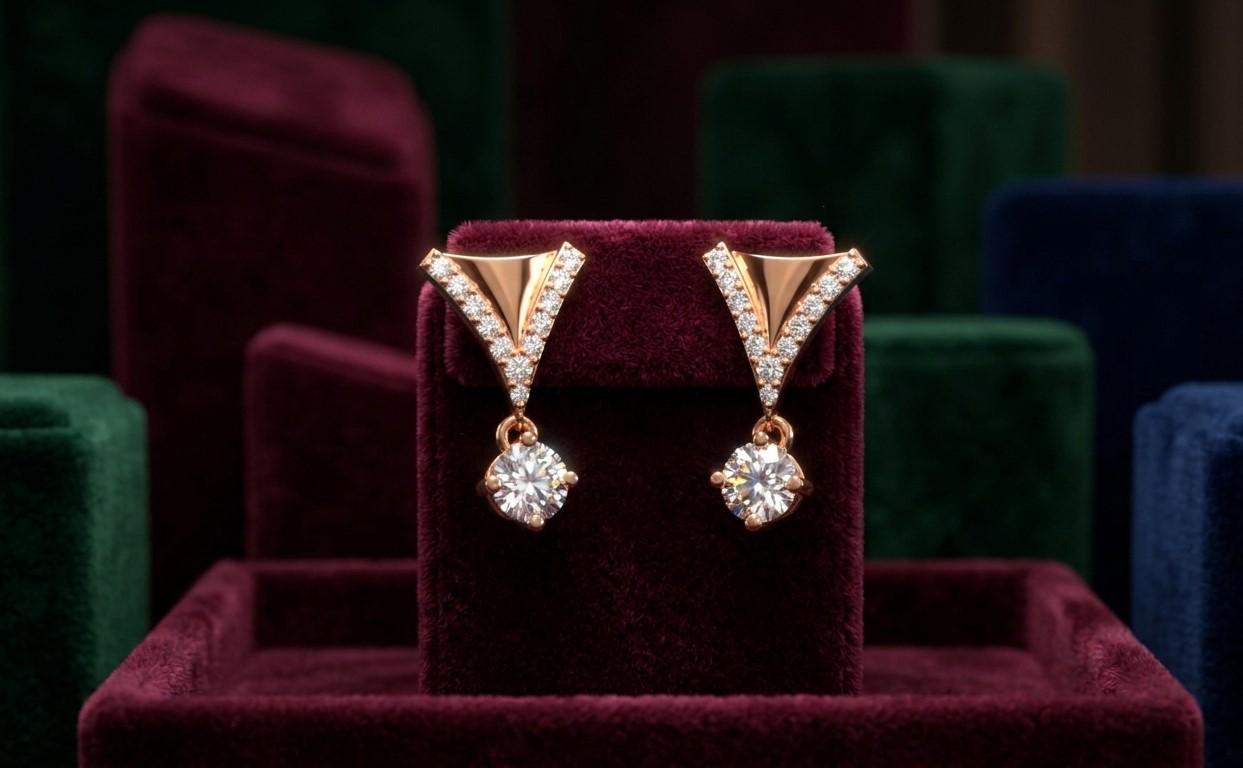 Riora moissanite drop earrings in V shape with rose gold and silver, dangle bridal jewelry for wedding or special occasions