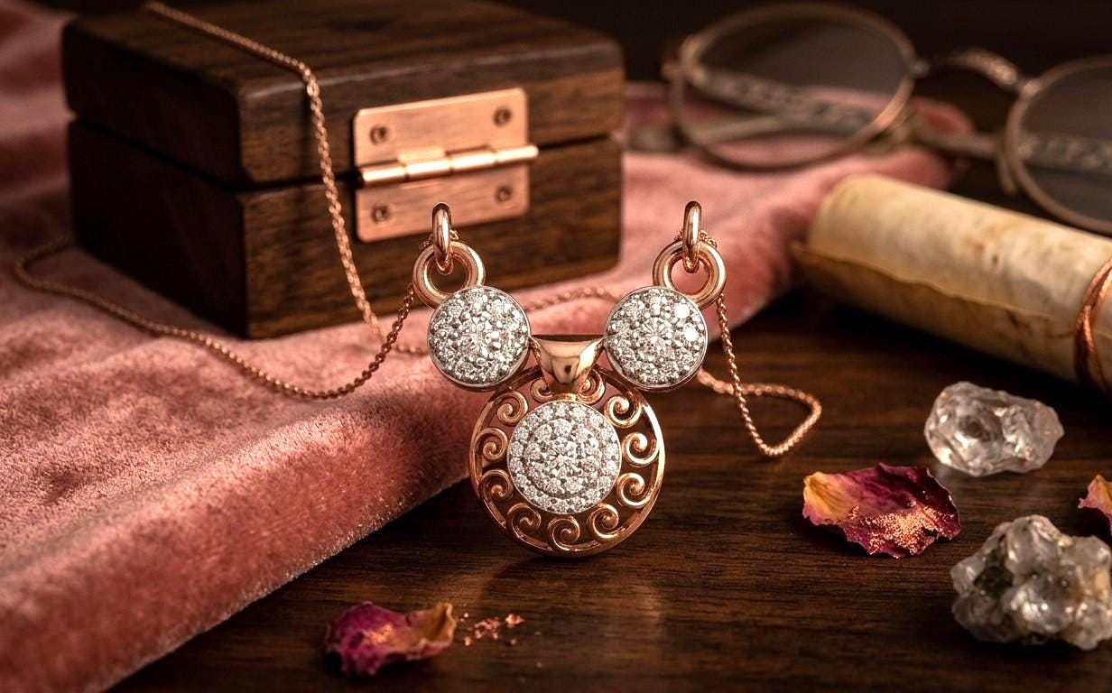 Rose gold moissanite circle pendant with Mickey Mouse design, dainty luxury jewelry for women by Riora.