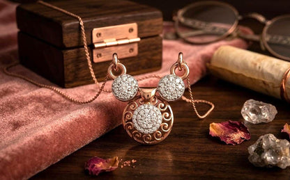 Rose gold moissanite circle pendant with Mickey Mouse design, dainty luxury jewelry for women by Riora.
