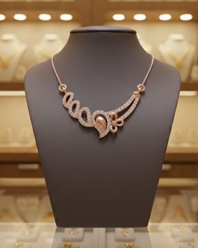 Rose gold floral swirl necklace with moissanite diamond accents, elegant wedding jewelry pendant, perfect gift for her.