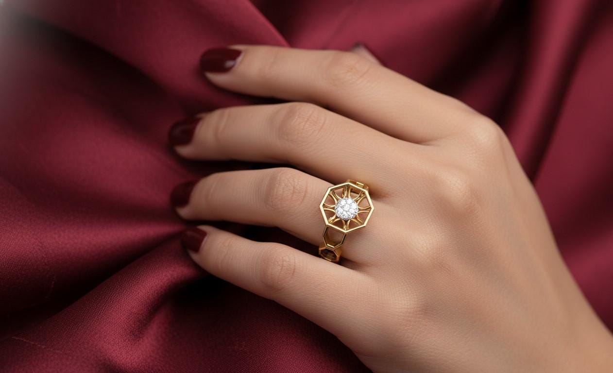 Geometric Moissanite Ring | Hypoallergenic Floral Statement Ring | Gold Rose Gold Silver | Engagement & Valentine Gift