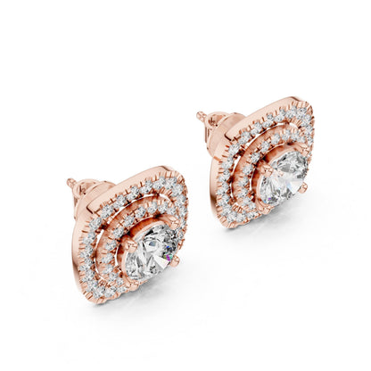 Rose gold moissanite halo stud earrings by Riora featuring minimalist design, perfect for wedding or gift for her.