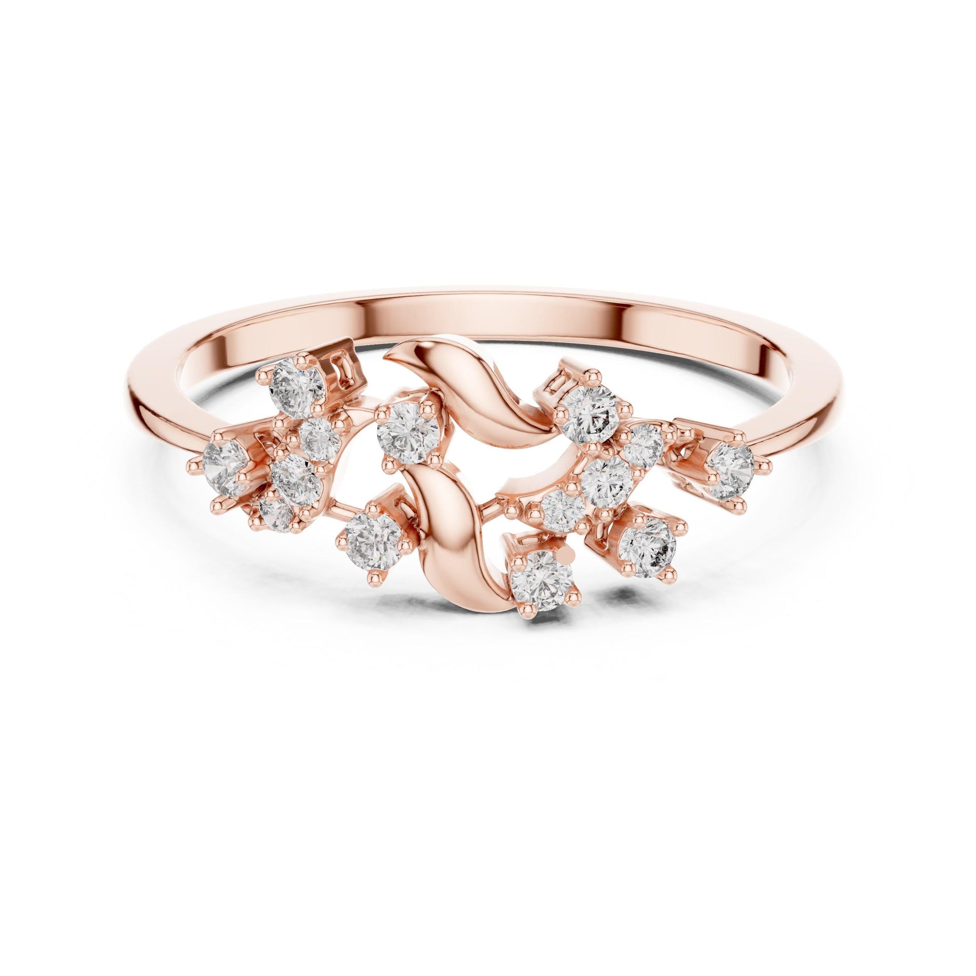 Rose gold floral vine wedding band with moissanite diamonds and leaf accents, dainty engagement ring by Riora.