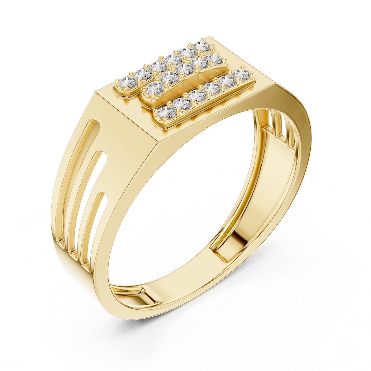 Rose silver modern wedding ring by Riora featuring chunky CZ triple bar panel design, perfect for promise or anniversary jewelry.