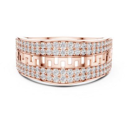 Riora wide CZ Greek band ring in gold and silver, featuring a luxurious statement design for women.