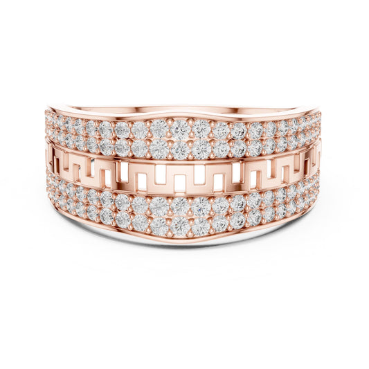 Riora wide CZ Greek band ring in gold and silver, featuring a luxurious statement design for women.