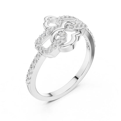 Riora Moissanite diamond double heart buckle ring with minimalist romantic design and love-themed statement jewelry.