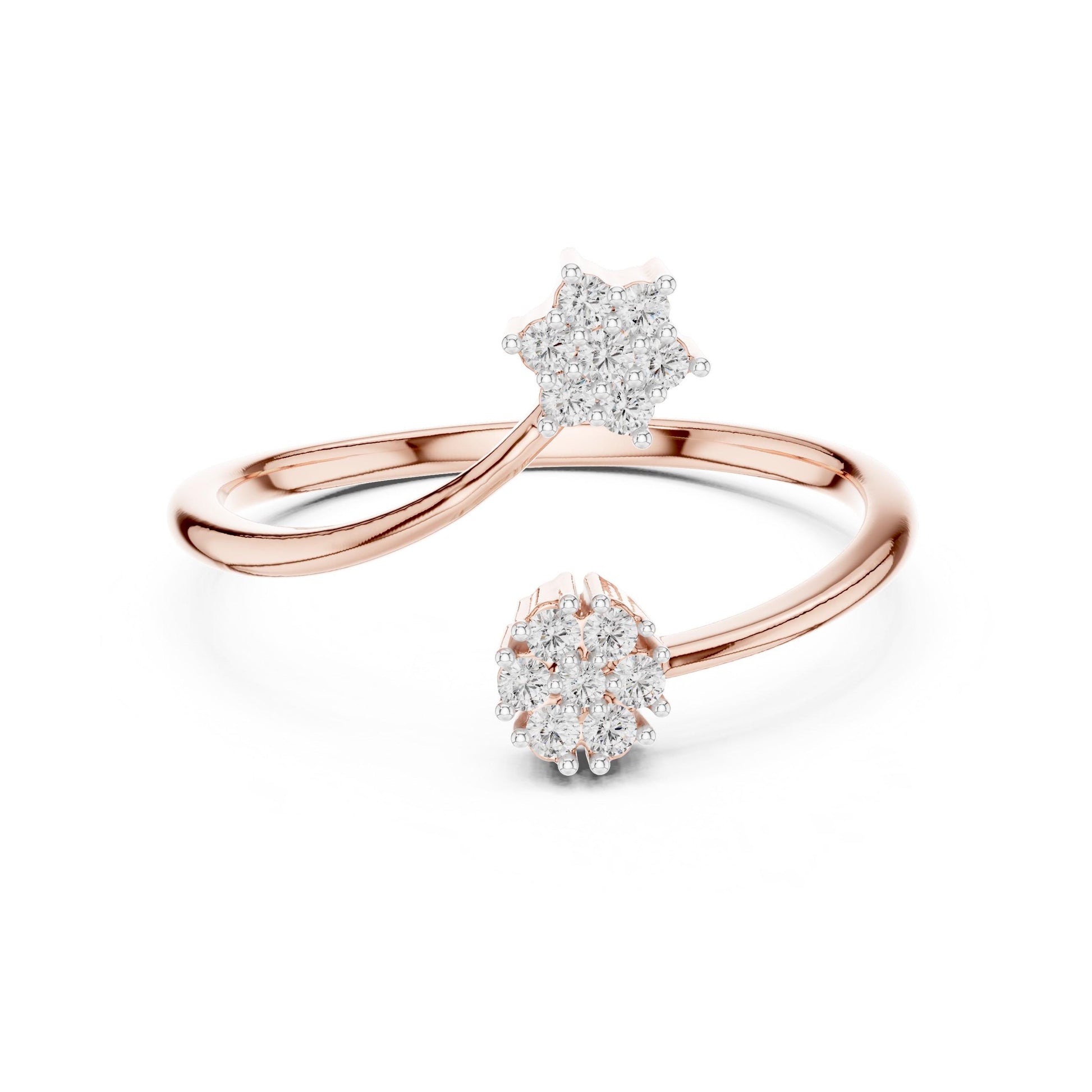 Rose gold moissanite open bypass ring with double cluster floral halo design and diamond-style accents by Riora