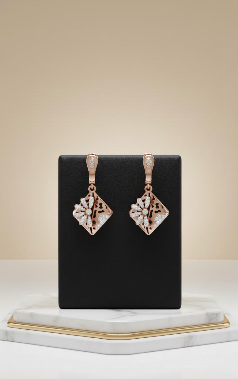 Moissanite Floral Drop Earrings | Hypoallergenic Geometric Dangle | Gold, Rose Gold, Silver