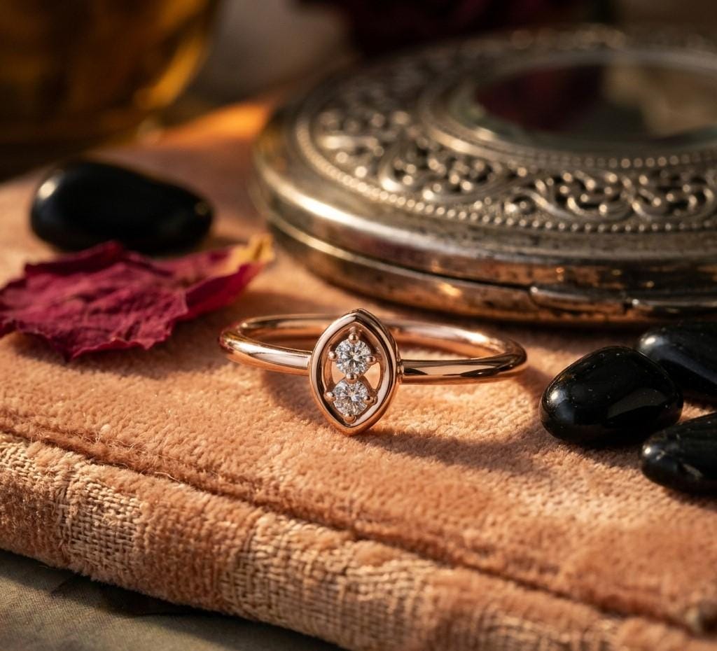 Riora minimalist double moissanite diamond ring with two stones, dainty open engagement band in gold or silver, elegant jewelry piece