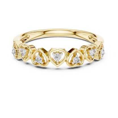 Moissanite heart crown ring in rose gold and silver, minimalist wedding band with romantic diamond accents by Riora.