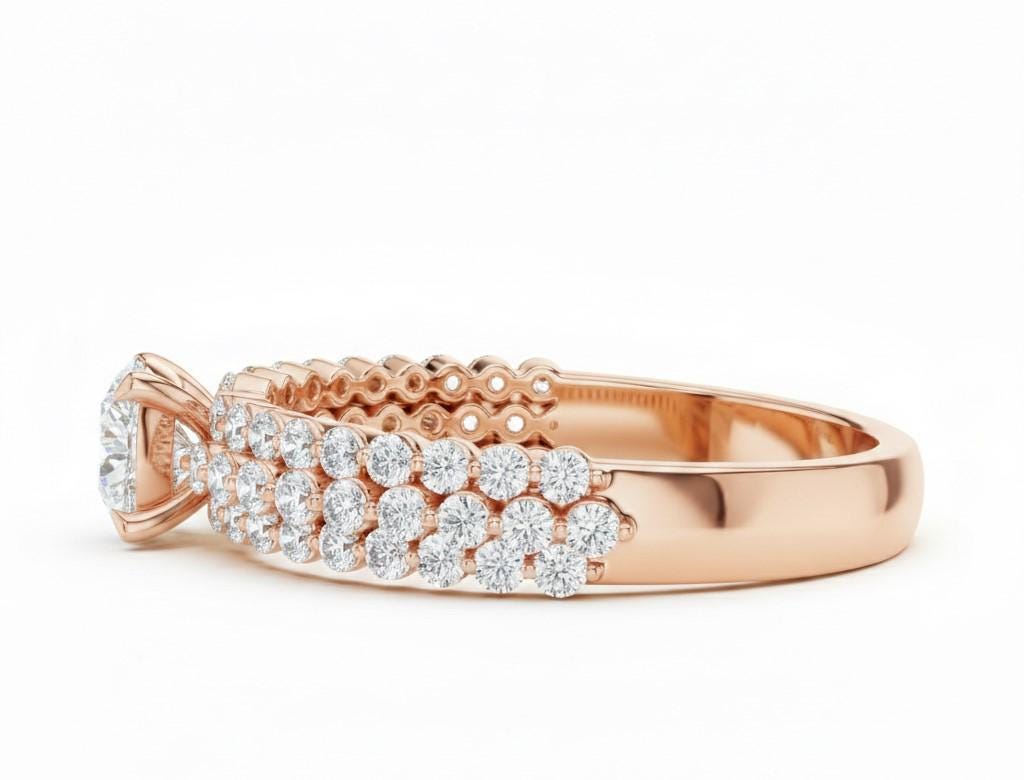 Cubic Zirconia Engagement Ring – Triple Pavé Band | Gold, Rose Gold & Silver