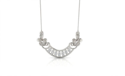 Riora Moissanite crescent necklace in gold, rose gold, or silver with elegant bridal jewelry design and sparkling statement style.