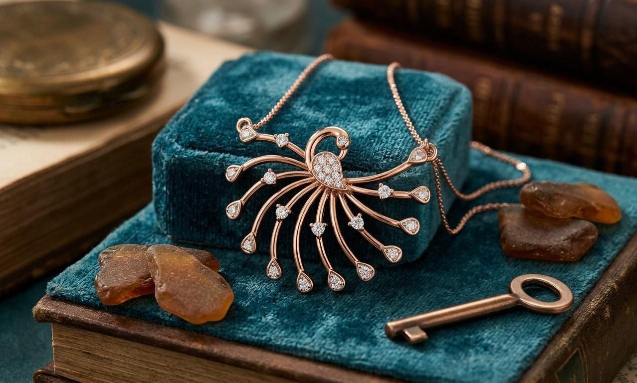 Riora moissanite peacock necklace with rose gold pendant, bridal statement jewelry, elegant wedding gift for her.