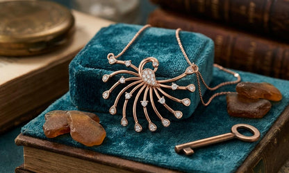 Riora moissanite peacock necklace with rose gold pendant, bridal statement jewelry, elegant wedding gift for her.