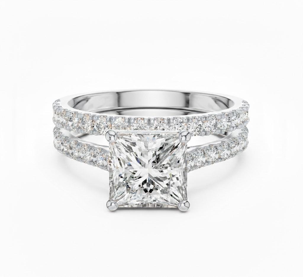 Riora princess cut moissanite diamond engagement ring set with halo and wedding band, elegant bridal jewelry for special occasions