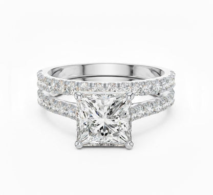 Riora princess cut moissanite diamond engagement ring set with halo and wedding band, elegant bridal jewelry for special occasions