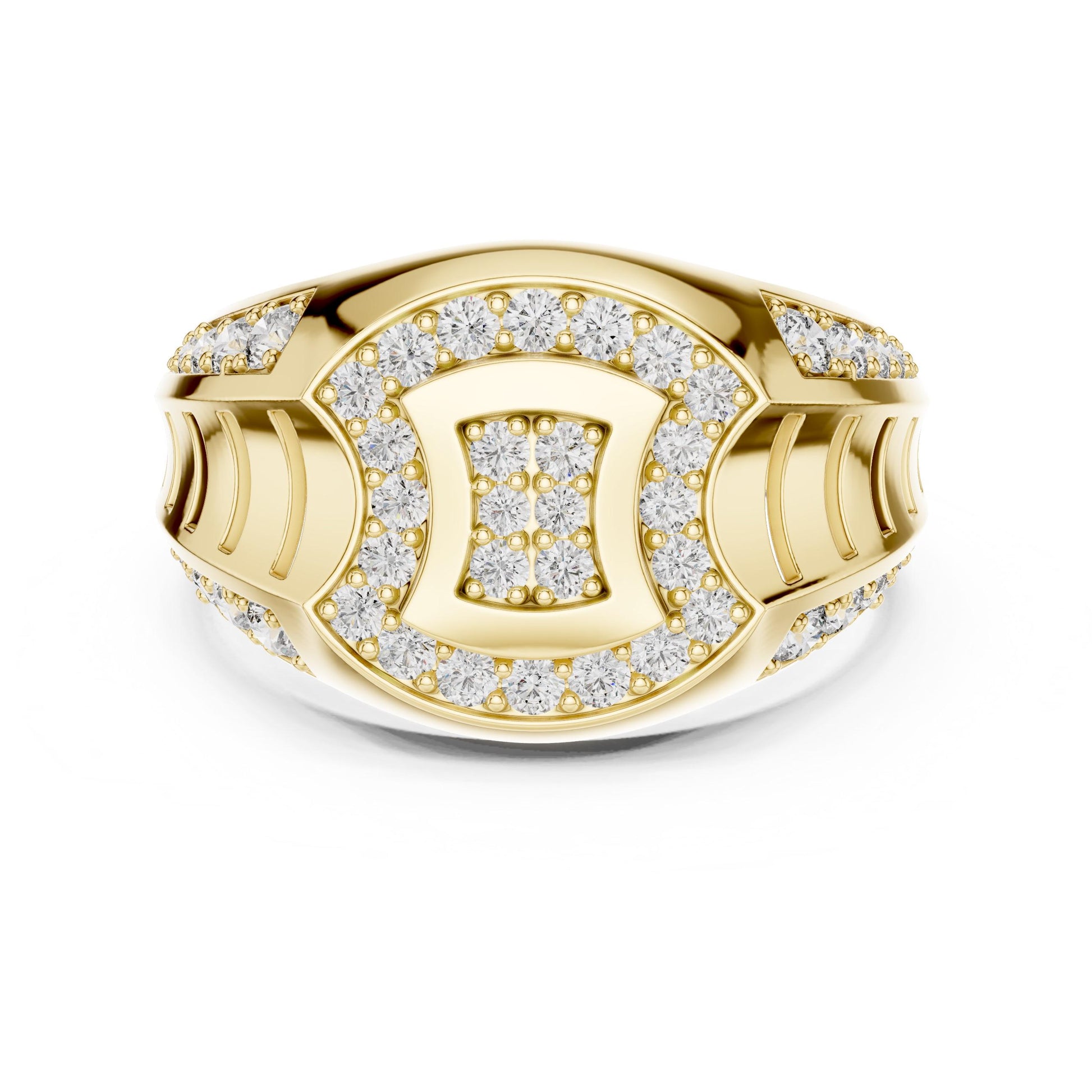 Gold-plated luxury moissanite diamond statement ring for women, bold cocktail or bridal jewelry by Riora.