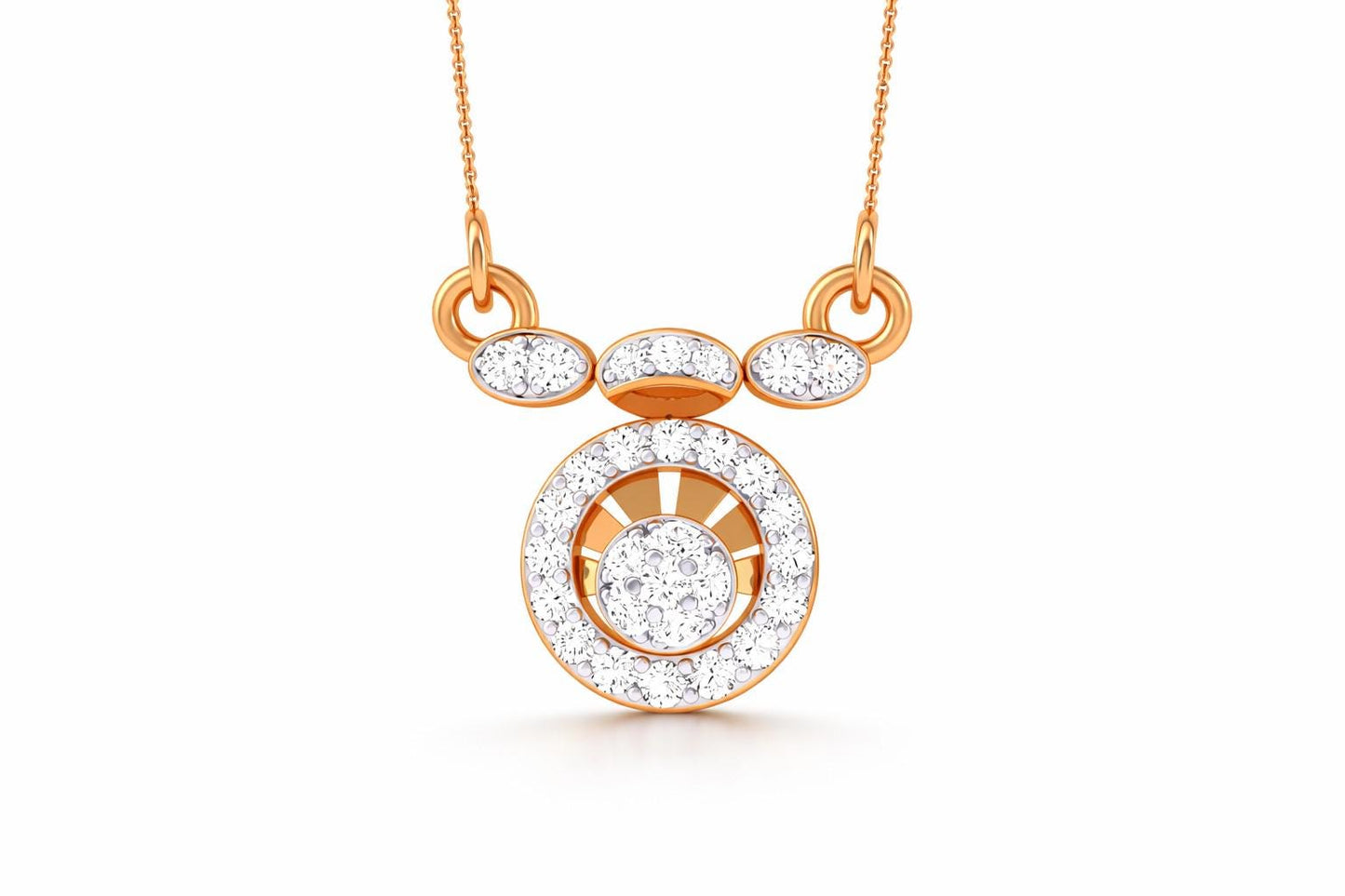 Riora moissanite halo pendant necklace in rose gold, silver, and gold with an adjustable chain, minimalist bridal jewelry.