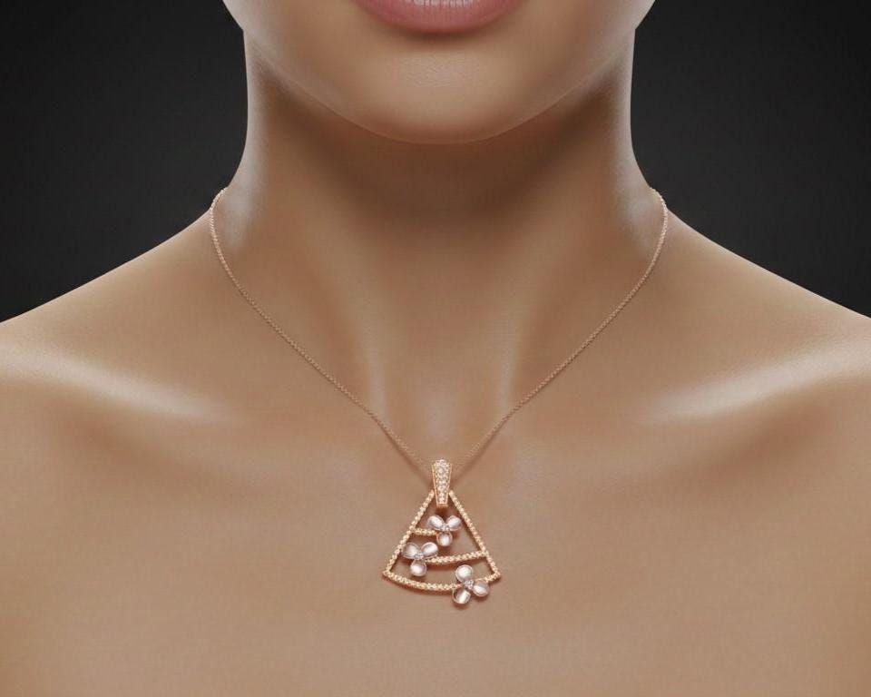 Moissanite Triangle Pendant Necklace in Gold Rose Silver | Floral Geometric Charm | 22in Adjustable Chain