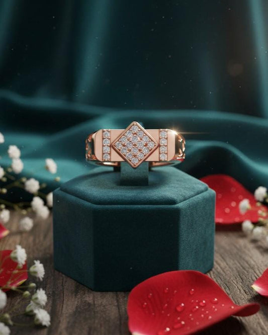 Elegant gold and rose moissanite diamond engagement ring with intricate band design, perfect for bridal jewelry and special occasions.