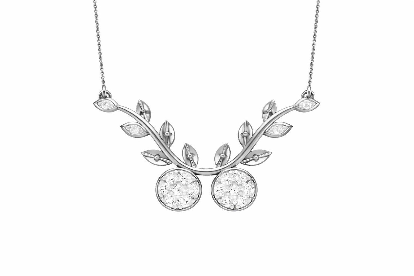 Riora moissanite cherry branch necklace with leaf pendant in rose gold and silver, minimalist nature-inspired bridal jewelry.