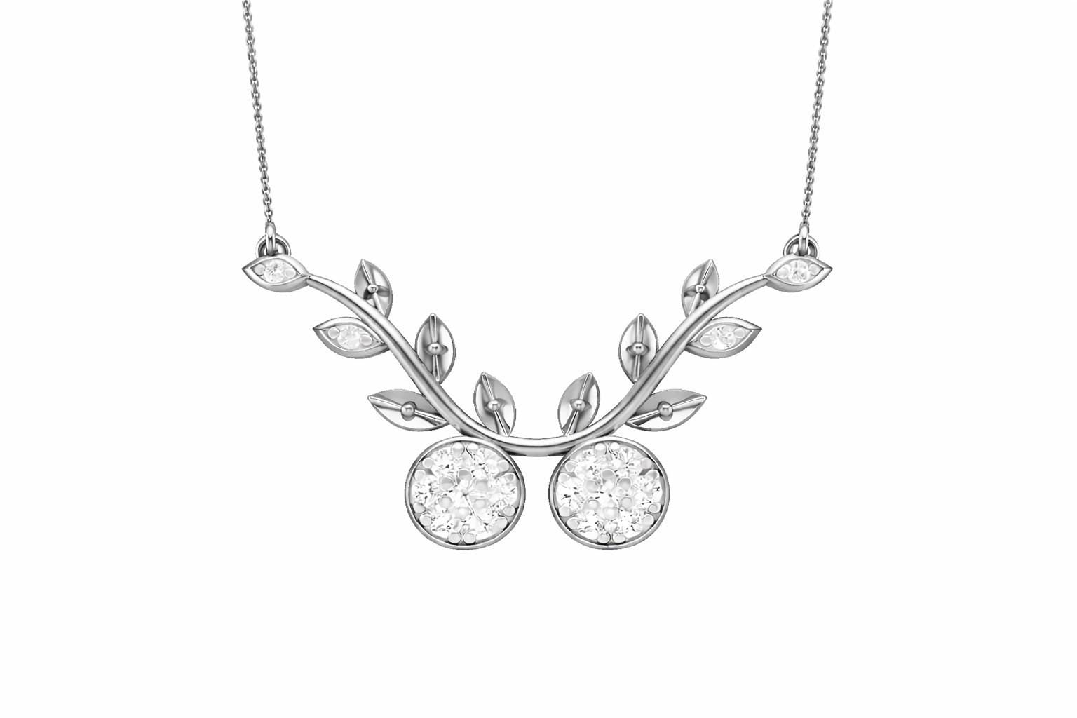 Riora moissanite cherry branch necklace with leaf pendant in rose gold and silver, minimalist nature-inspired bridal jewelry.