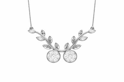 Riora moissanite cherry branch necklace with leaf pendant in rose gold and silver, minimalist nature-inspired bridal jewelry.