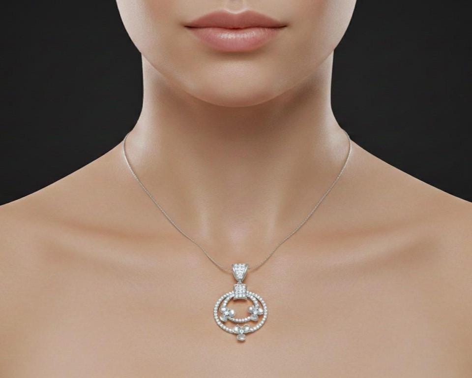 Circle Pendant Gold Rose Silver Jewelry, Floral Diamond Look Necklace, Valentine Gift for Her