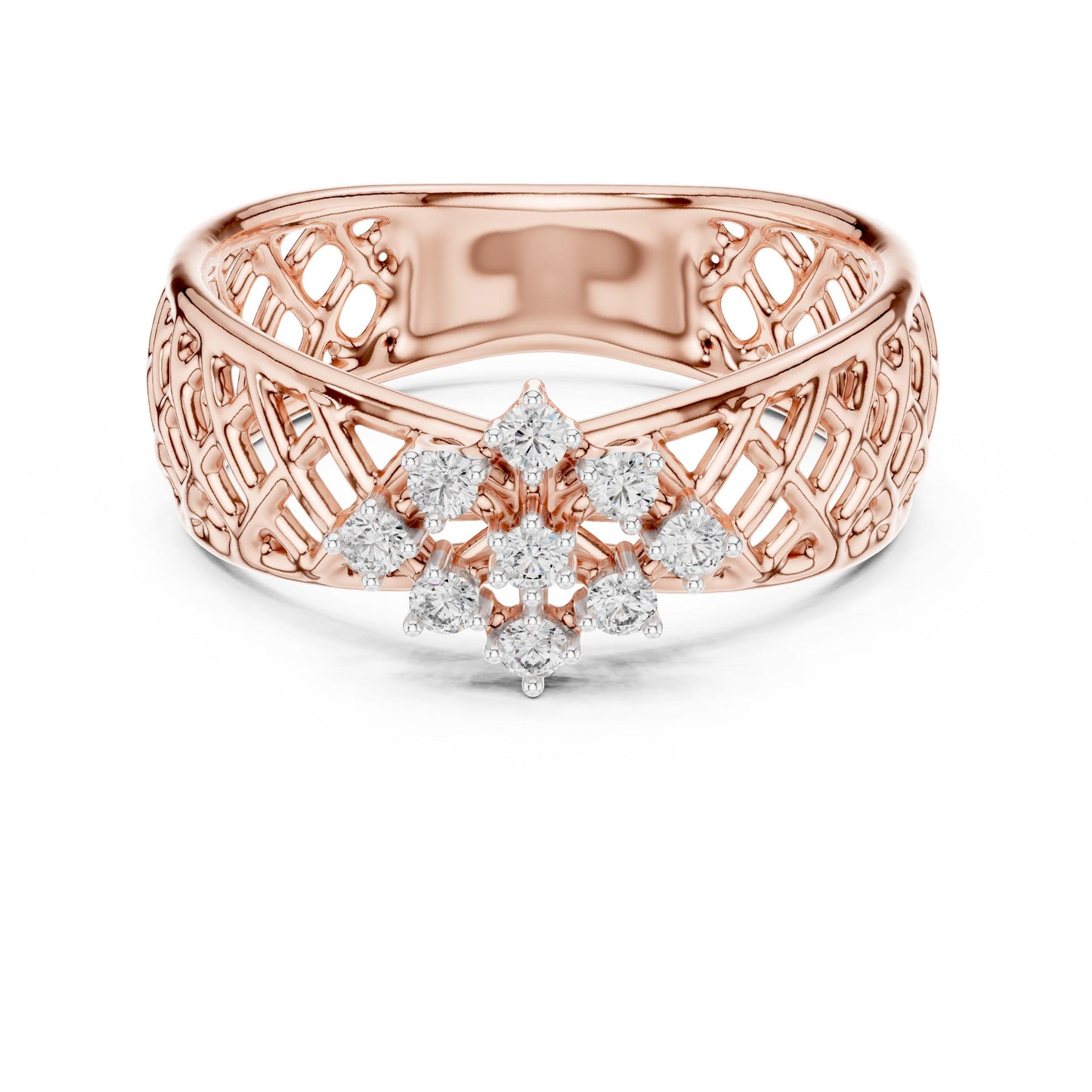 Riora vintage moissanite cluster engagement ring with floral lattice design in rose gold and silver.