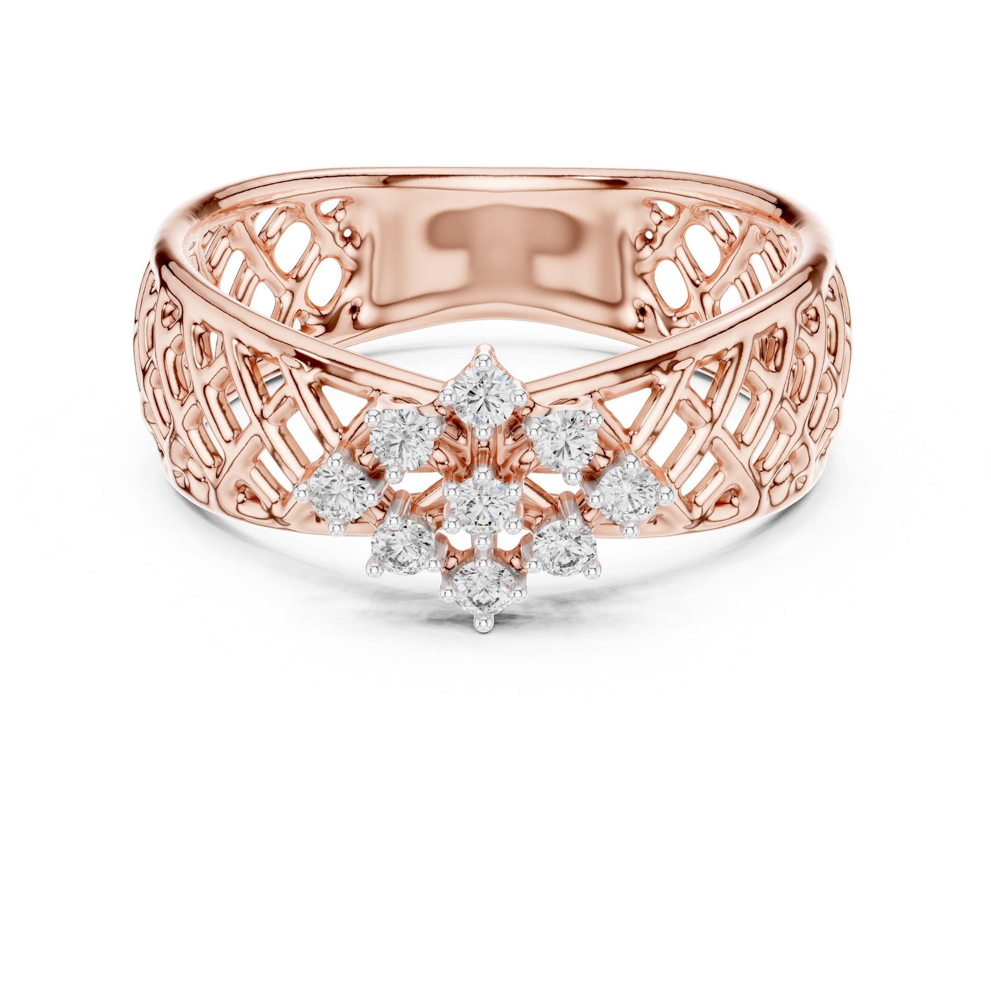 Riora vintage moissanite cluster engagement ring with floral lattice design in rose gold and silver.