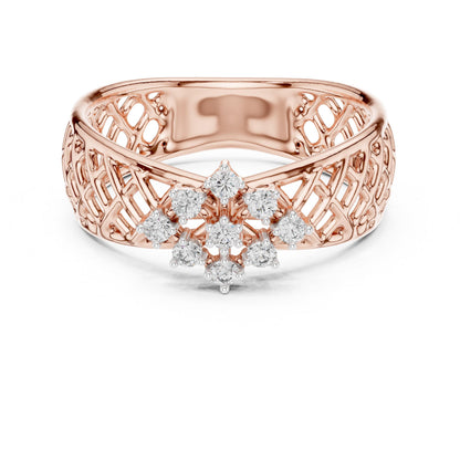 Riora vintage moissanite cluster engagement ring with floral lattice design in rose gold and silver.