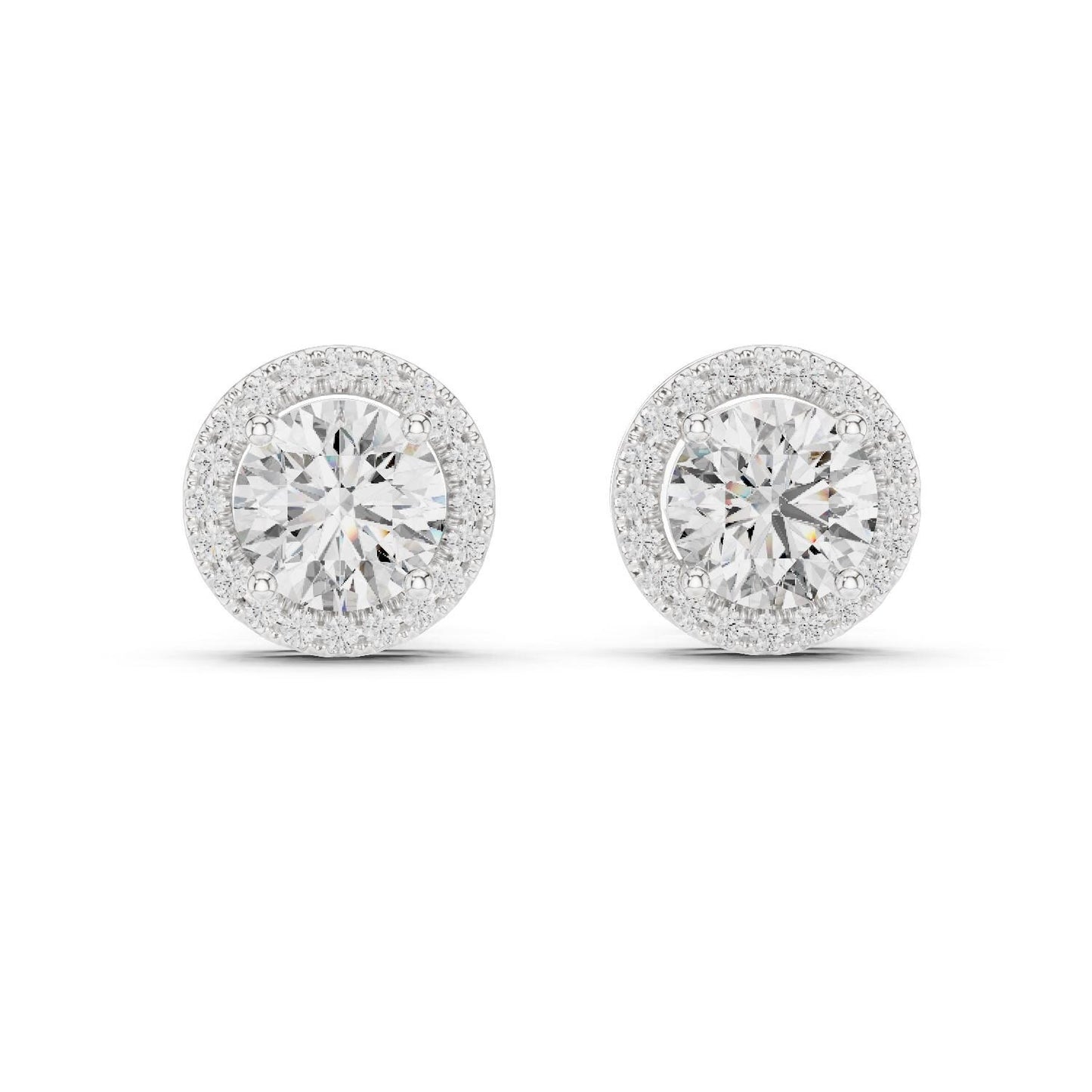 Riora Halo Moissanite diamond stud earrings in gold, rose, and silver with minimalist bridal design on a white background.