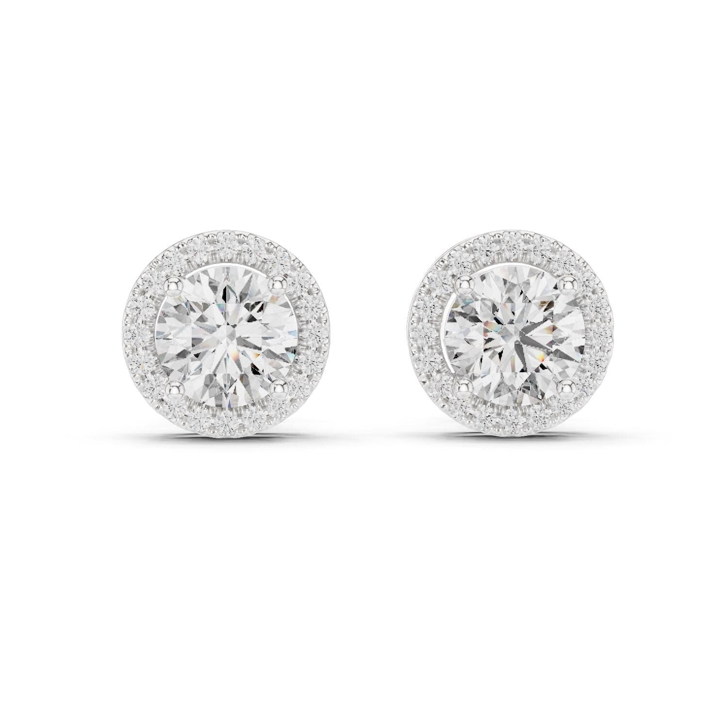 Riora Halo Moissanite diamond stud earrings in gold, rose, and silver with minimalist bridal design on a white background.