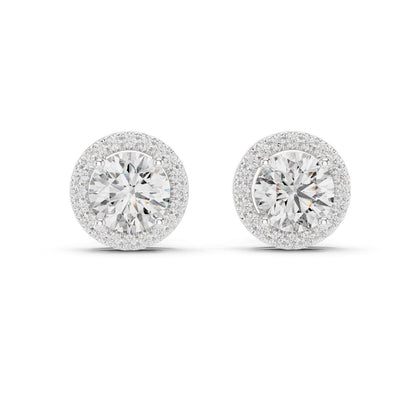 Riora Halo Moissanite diamond stud earrings in gold, rose, and silver with minimalist bridal design on a white background.