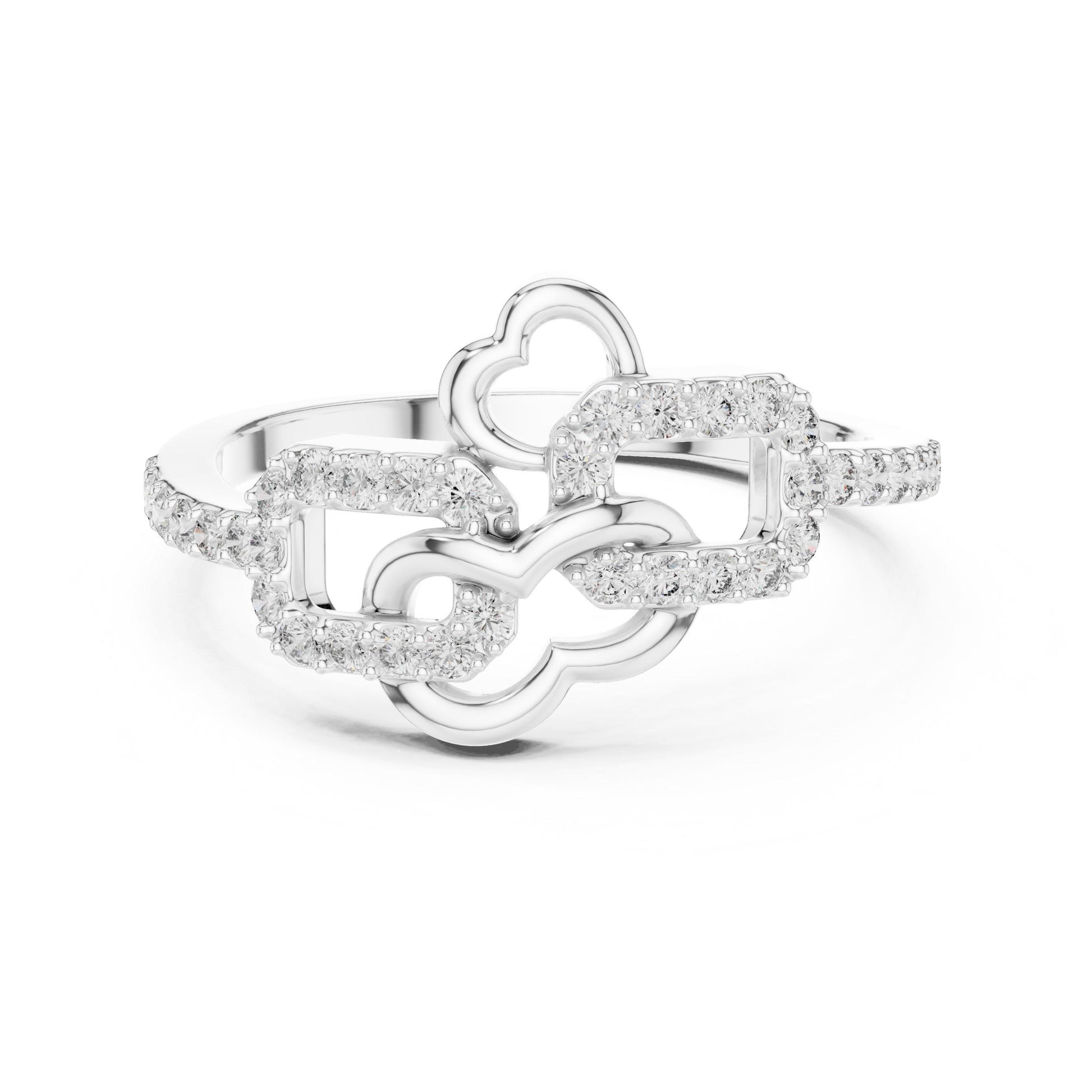Riora Moissanite diamond double heart buckle ring with romantic love design, minimalist promise band, and statement jewelry style.